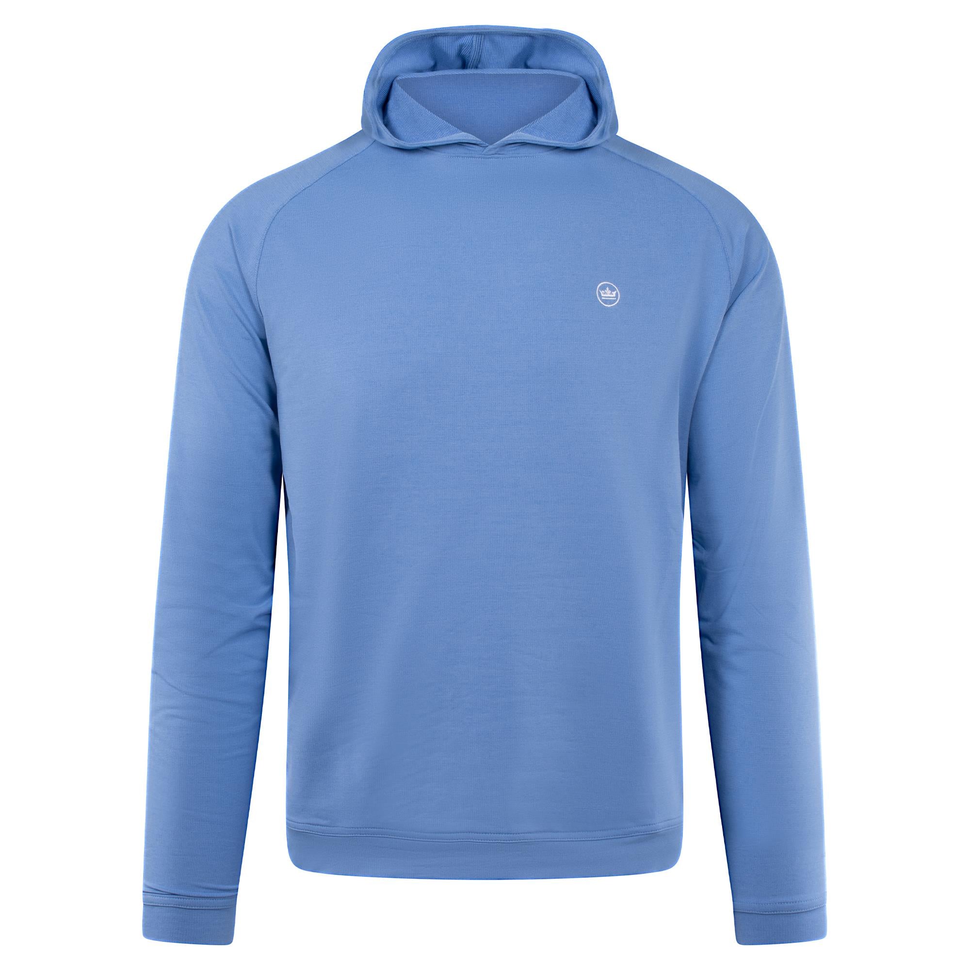 Front product image of Peter Millar Pine Performance Hoodie in Blue Sea – luxury mens golf hoodie from Peter Millar UK